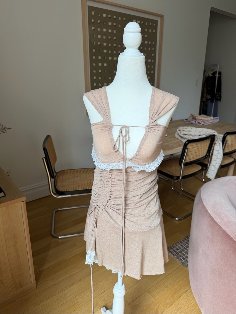 ASOS cream/tan Lace-Trim Ruched Mini Dress